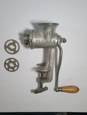 Puritan Silver Metal Hand Crank Meat Grinder with Wooden Handle